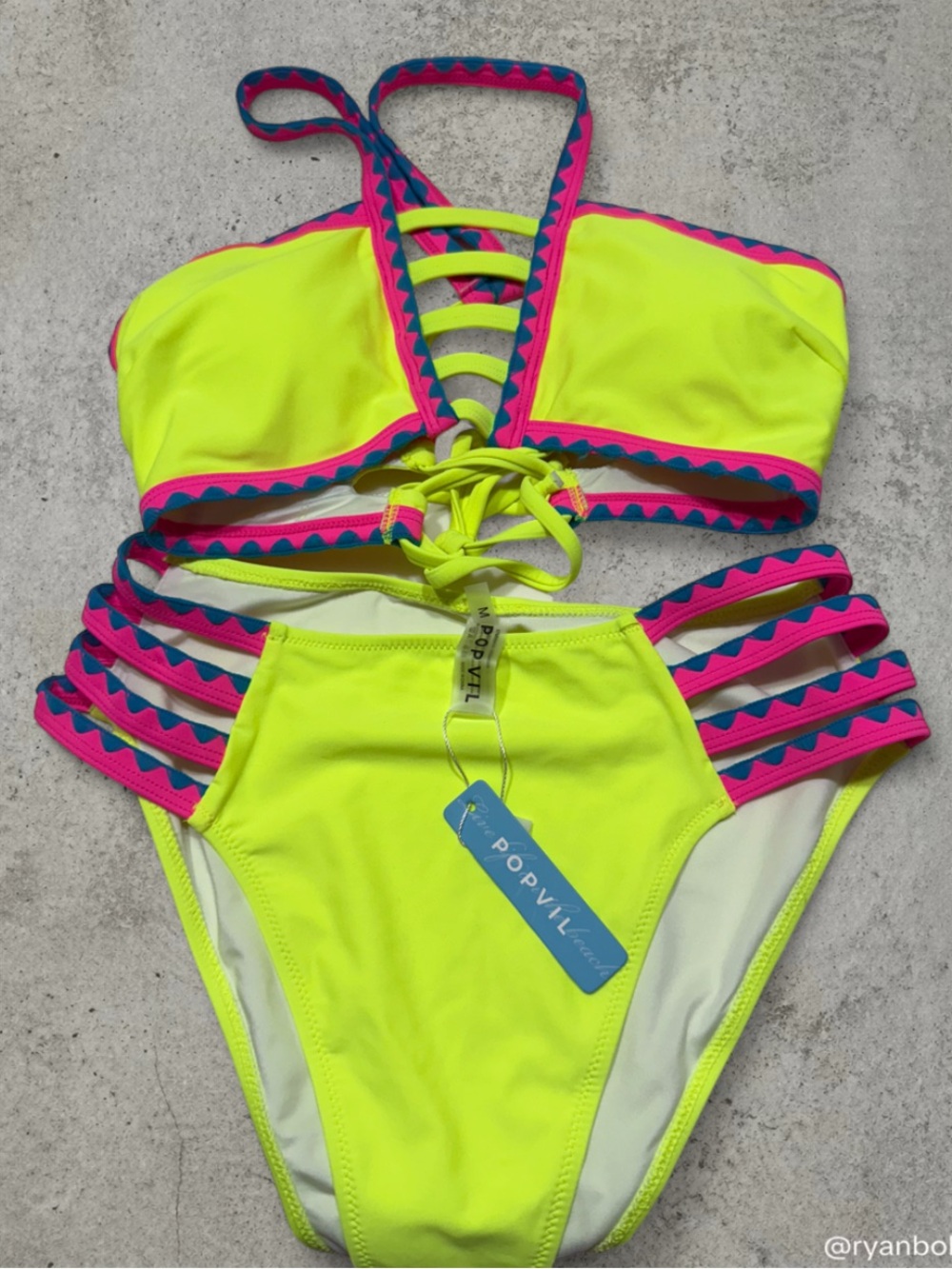 Neon Yellow Pink-Trim high waist Strappy Two-Piece Swim Set